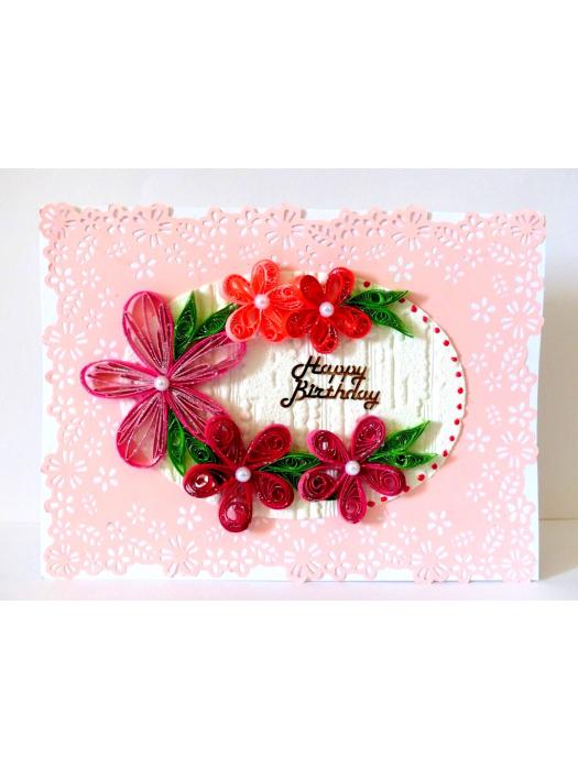 Quilled Pink Themed Birthday Greeting Card image