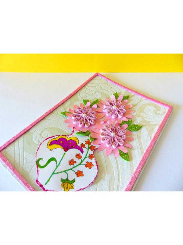 Sweet Pink Glittering Flower Vase Card
