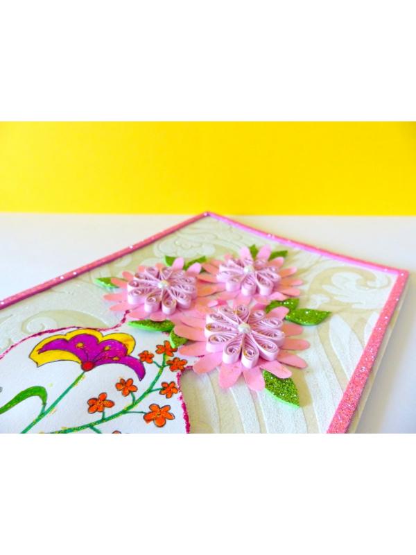 Sweet Pink Glittering Flower Vase Card