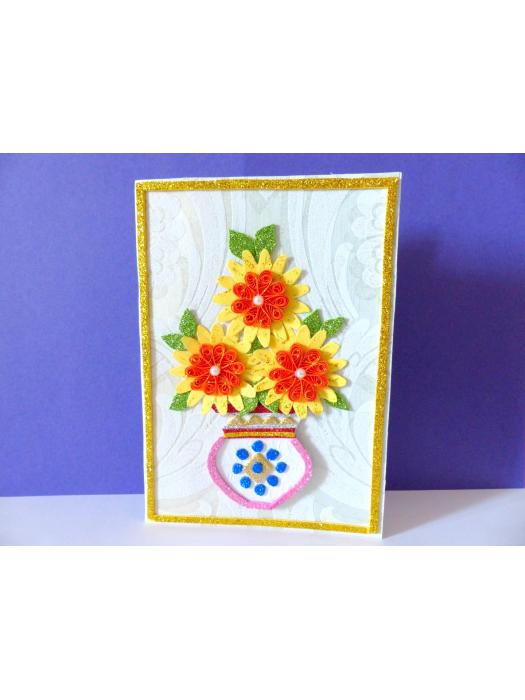 Sweet Yellow Glittering Flower Vase Card