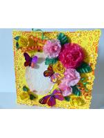 Yellow Paper Lace Border With Pink Flowers Greeting Card