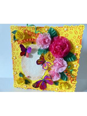 Yellow Paper Lace Border With Pink Flowers Greeting Card