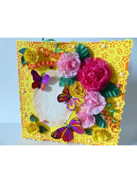 Yellow Paper Lace Border With Pink Flowers Greeting Card