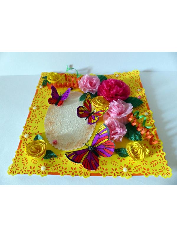 Yellow Paper Lace Border With Pink Flowers Greeting Card image