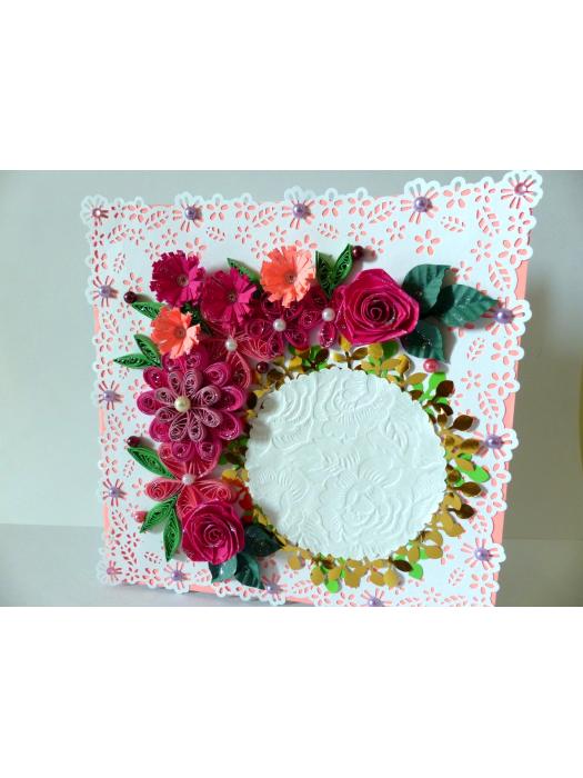 Paper Lace Border Pink Variety Flowers Greeting Card image