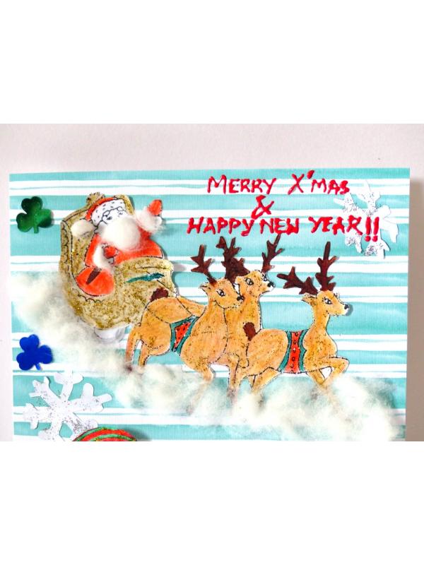Christmas Santa Sleigh and Snowman Greeting Card image