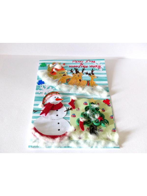 Christmas Santa Sleigh and Snowman Greeting Card image