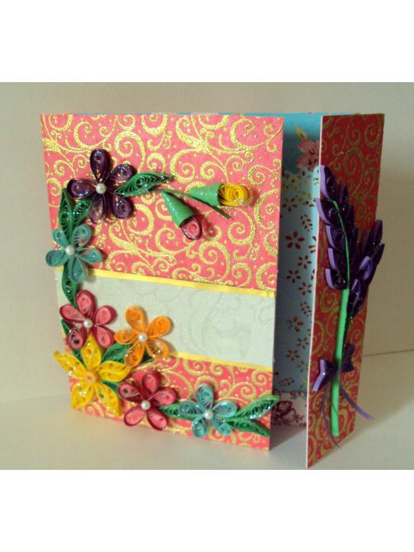 Multicolor Flowers Mini Scrapbook Greeting Card on Red Base