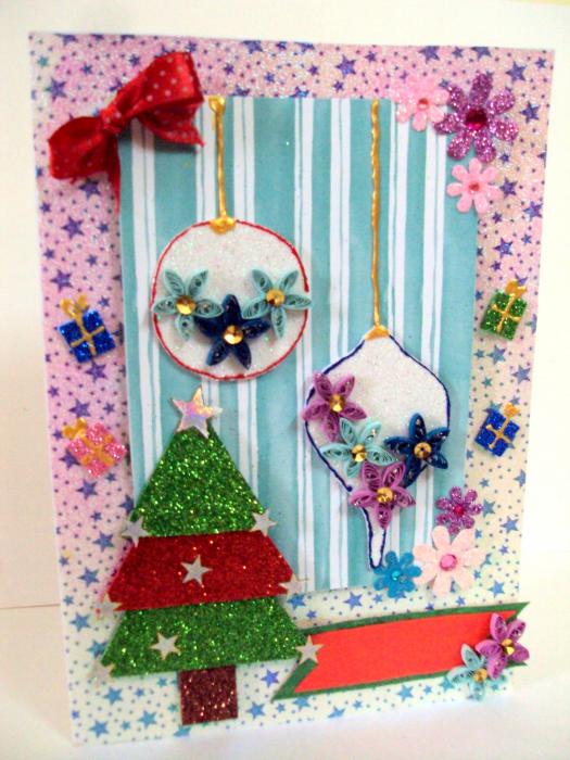 Sparkling Christmas Balls With Quilled Flowers Greeting Card image