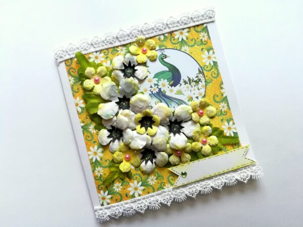 Sparkling white paper flowers handmade greeting card image Sparkling white paper flowers handmade greeting card image