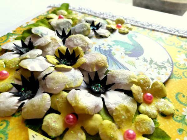 Sparkling white paper flowers handmade greeting card image Sparkling white paper flowers handmade greeting card image