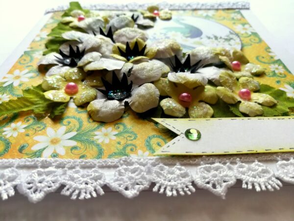 Sparkling white paper flowers handmade greeting card image Sparkling white paper flowers handmade greeting card image