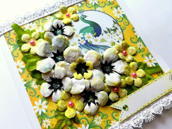 Sparkling white paper flowers handmade greeting card image Sparkling white paper flowers handmade greeting card image