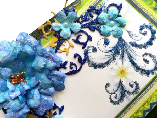 Sparkling Handmade Blue Paper Flowers Corner Greeting Card image Sparkling Handmade Blue Paper Flowers Corner Greeting Card image