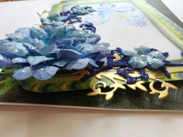 Sparkling Handmade Blue Paper Flowers Corner Greeting Card image Sparkling Handmade Blue Paper Flowers Corner Greeting Card image