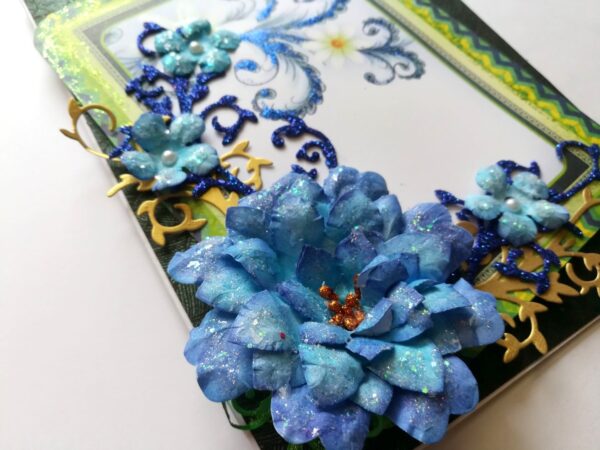 Sparkling Handmade Blue Paper Flowers Corner Greeting Card image Sparkling Handmade Blue Paper Flowers Corner Greeting Card image