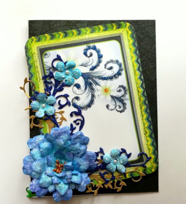 Sparkling Handmade Blue Paper Flowers Corner Greeting Card image Sparkling Handmade Blue Paper Flowers Corner Greeting Card image