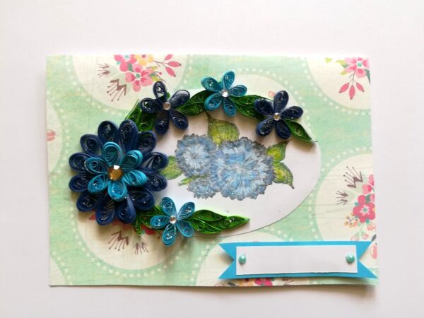 Sparkling Quilled Blue Flowers in Circle Greeting Card image Sparkling Quilled Blue Flowers in Circle Greeting Card image