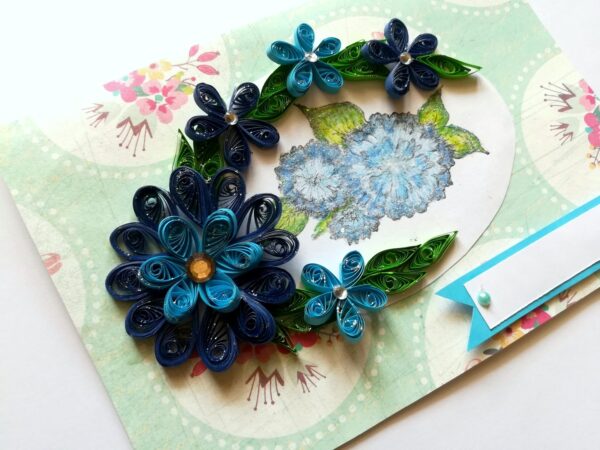 Sparkling Quilled Blue Flowers in Circle Greeting Card image Sparkling Quilled Blue Flowers in Circle Greeting Card image