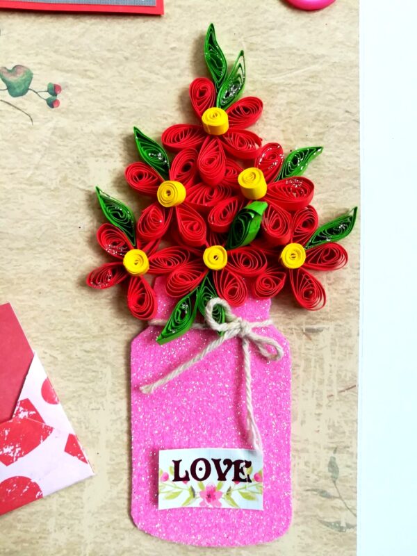 Red Quilled Flowers in Jar Greeting Card image Red Quilled Flowers in Jar Greeting Card image