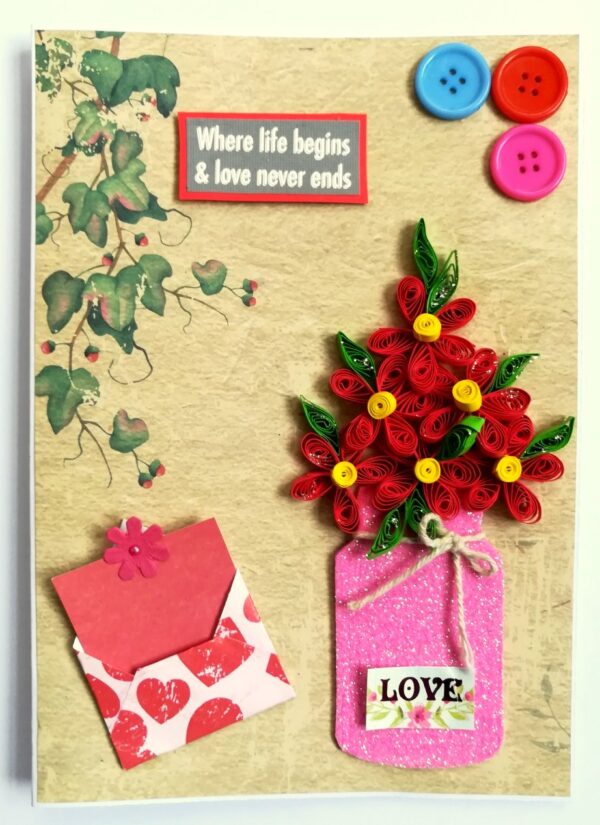 Red Quilled Flowers in Jar Greeting Card image Red Quilled Flowers in Jar Greeting Card image