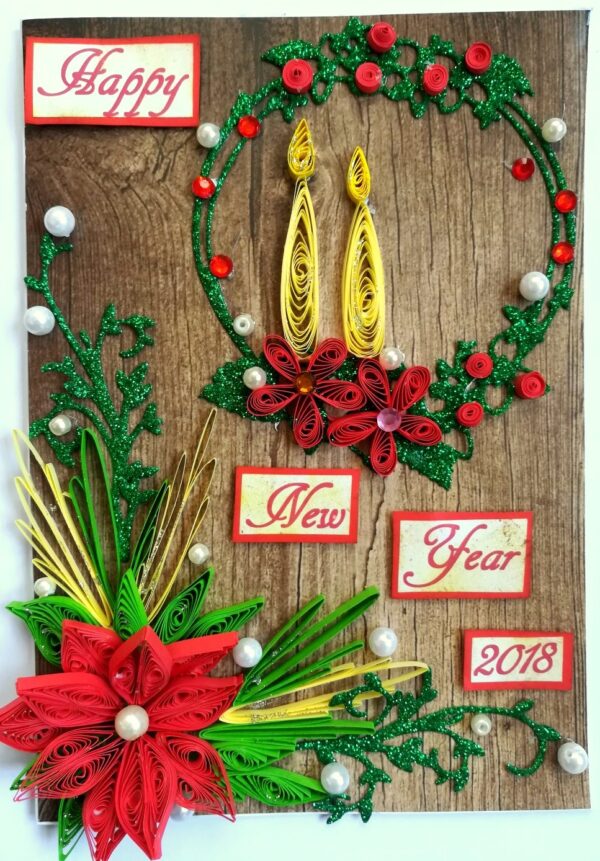 Red Quilled and Wreath New Year Handmade Greeting Card image Red Quilled and Wreath New Year Handmade Greeting Card image