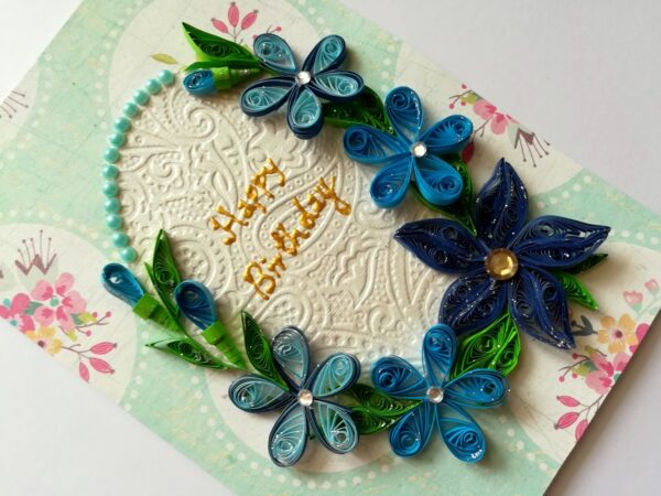 Blue Themed Quilled Flowers Greeting Card Birthday image