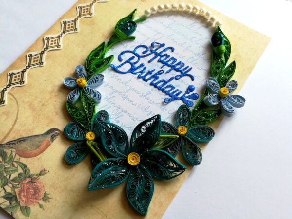 Blue Quilled Corner Flowers Birthday Greeting card image Blue Quilled Corner Flowers Birthday Greeting card image