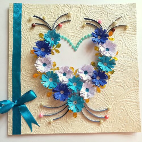 All Blues Quilled Flowers In Heart Greeting Card image