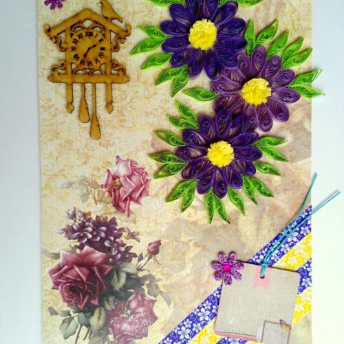 Purple Quilled Flowers With Bird Clock image