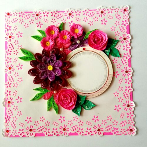 Paper Lace Border Pink Variety Flowers Greeting Card image