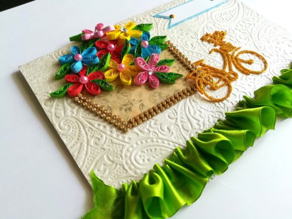 Sparkling Bicycle with Quilled Flower Basket Greeting card image Sparkling Bicycle with Quilled Flower Basket Greeting card image
