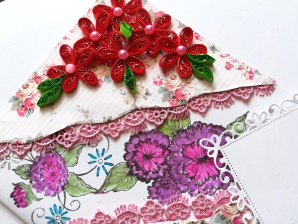 Red Quilled Flowers with Sparkling Stamped Base Greeting Card image Red Quilled Flowers with Sparkling Stamped Base Greeting Card image