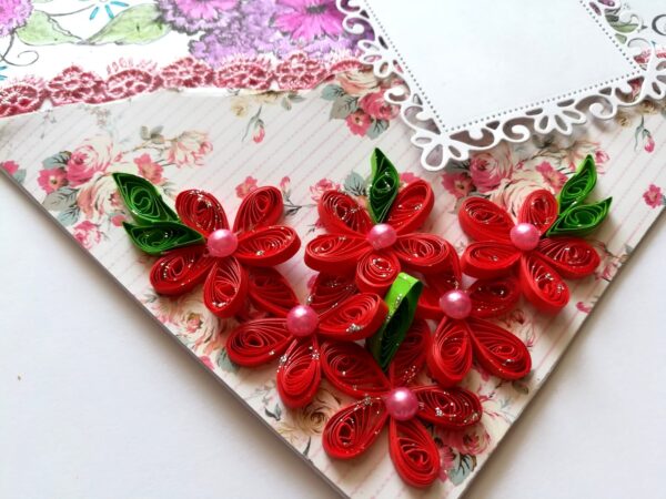 Red Quilled Flowers with Sparkling Stamped Base Greeting Card image Red Quilled Flowers with Sparkling Stamped Base Greeting Card image