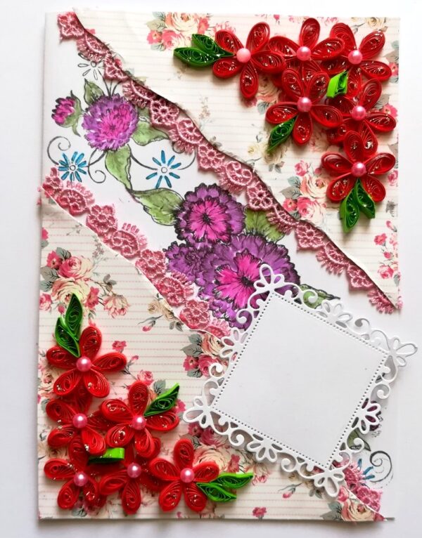 Red Quilled Flowers with Sparkling Stamped Base Greeting Card image Red Quilled Flowers with Sparkling Stamped Base Greeting Card image