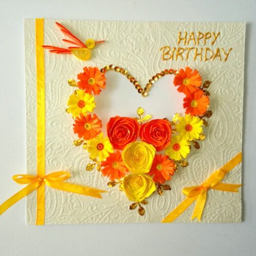 Yellow Themed Quilled Flowers in Heart Greeting Card image