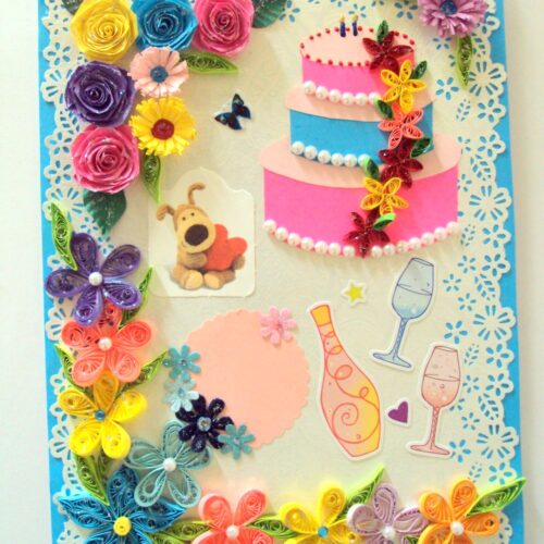Multicolor Flowers & Cake Greeting Card image