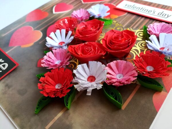 Quilled Red Theme Flowers in Heart Greeting Card image Quilled Red Theme Flowers in Heart Greeting Card image