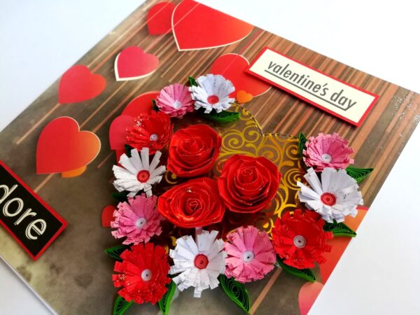 Quilled Red Theme Flowers in Heart Greeting Card image Quilled Red Theme Flowers in Heart Greeting Card image