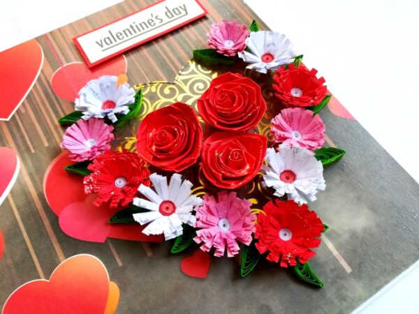 Quilled Red Theme Flowers in Heart Greeting Card image Quilled Red Theme Flowers in Heart Greeting Card image