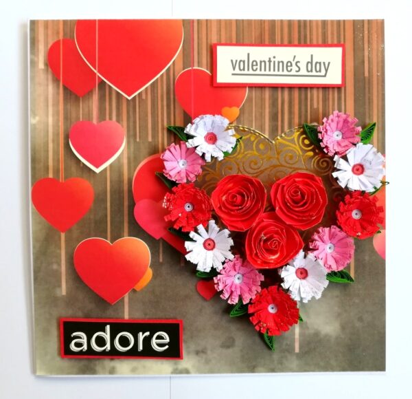 Quilled Red Theme Flowers in Heart Greeting Card image Quilled Red Theme Flowers in Heart Greeting Card image