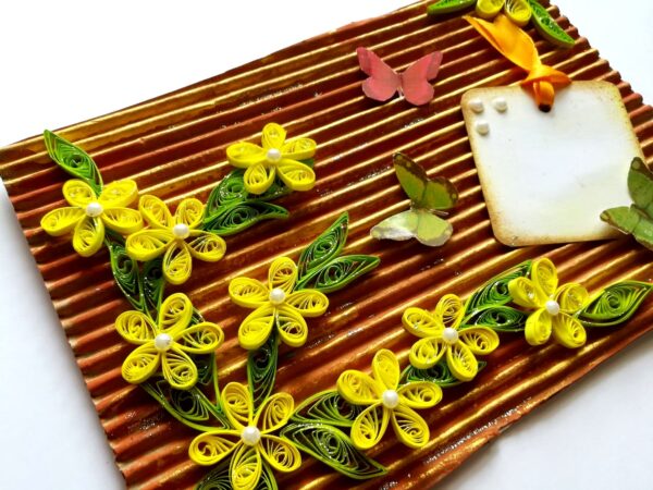 Quilled Flowers on Funky Golden Base Greeting Card image Quilled Flowers on Funky Golden Base Greeting Card image