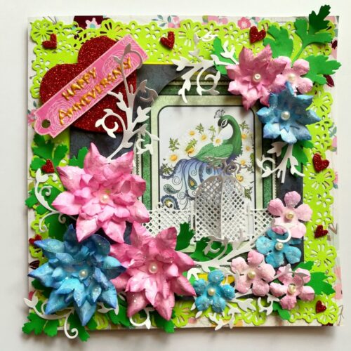 Pink and Blue Paper Flowers Anniversary Greeting Card image