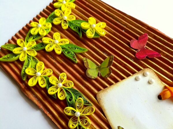 Quilled Flowers on Funky Golden Base Greeting Card image Quilled Flowers on Funky Golden Base Greeting Card image