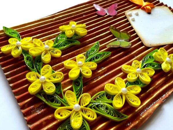 Quilled Flowers on Funky Golden Base Greeting Card image Quilled Flowers on Funky Golden Base Greeting Card image