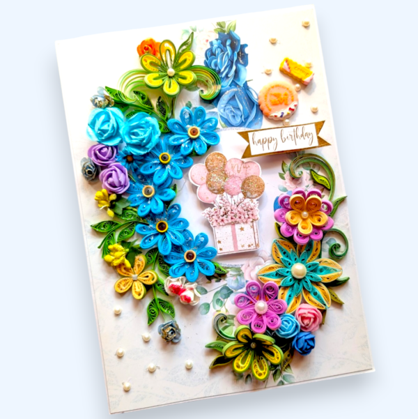 BIRTHDAY-QUILLED-CARD-A4 A4 Sparkling Quilled Flowers Birthday Greeting card