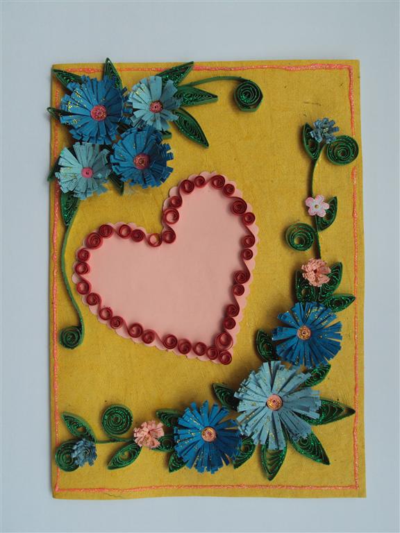 Blue Flowers In Yellow Base & Heart Greeting Card image Blue Flowers In Yellow Base & Heart Greeting Card image
