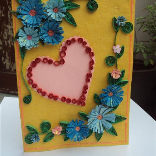 Blue Flowers In Yellow Base & Heart Greeting Card image
