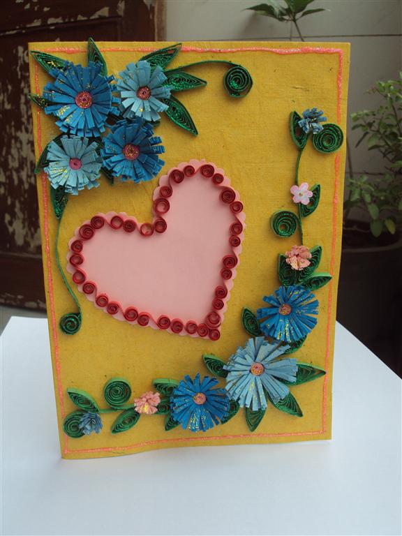 Blue Flowers In Yellow Base & Heart Greeting Card image Blue Flowers In Yellow Base & Heart Greeting Card image