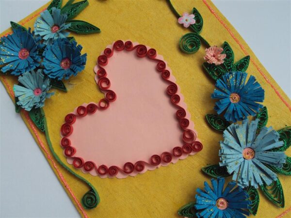 Blue Flowers In Yellow Base & Heart Greeting Card image Blue Flowers In Yellow Base & Heart Greeting Card image